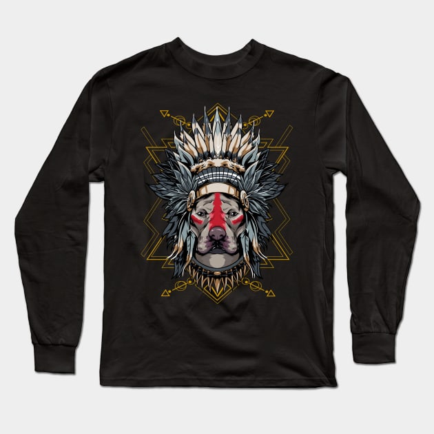 Chieftain Pitbull Dog Indian Headdress Warrior Long Sleeve T-Shirt by E